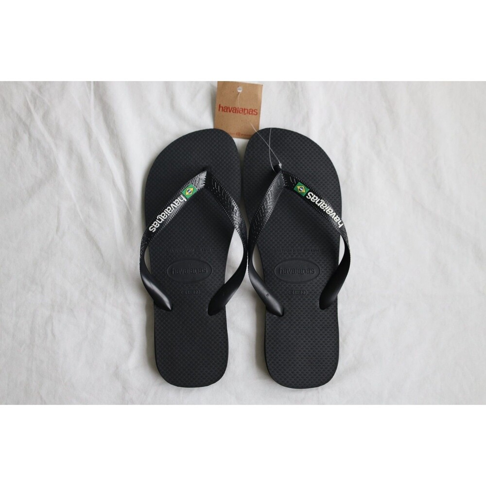 Havaianas Top Brasil Logo Flip Flops Black Men 9/10 Women 11/12 Brazil NWT